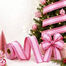1/2/3 Rolls Pink Glitter Metallic Edge Christmas Ribbon, Wide Satin Striped Decorative Tape, Suitable For Christmas Tree, Wreath, Gift Wrapping, Bows, DIY Handmade Holiday Party Decoration - Pink Glitter Ribbon - View 7