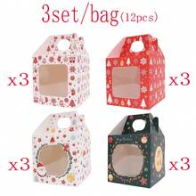 4/12/28pcs Christmas Cartoon Full Print Handheld Gift Boxes, Santa Claus & Snowman Pattern Party Favor Boxes, Holiday Dessert Paper Boxes - Multicolor - View 10