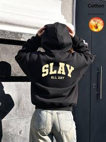 كنزة نسائية، كنزة فضفاضة بأكمام طويلة مبطنة بالصوف للخريف/الشتاء، تتميز بطباعة "Slay All Day" - الأسود - مشاهدة 11
