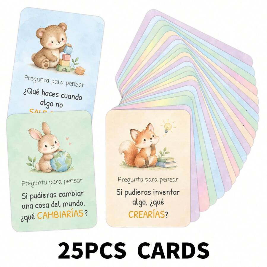 25pcs Spanish Thinking Question Cards, Watercolor Animal Illustrations Reflection Cards, Family Conversation Cards For Self-Expression & Emotional Growth, Mindfulness Cards - Multicolor - View 1