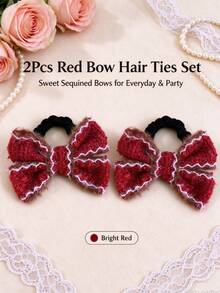Burgundy Tweed Bow Hair Tie With White Wavy Lace Trim And Fine Glitter Sequins, Sweet Style, Soft Apricot Tone Shiny Polyester - Burgundy - View 3