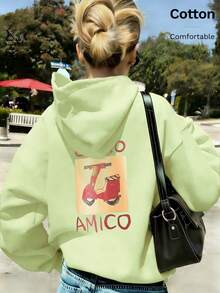 Women's Cotton Loose Hooded Sweatshirt With Pockets, Autumn/Winter Style, Printed With Motorcycle Pattern And CIAO AMICO Text - Pink Yellow - View 11