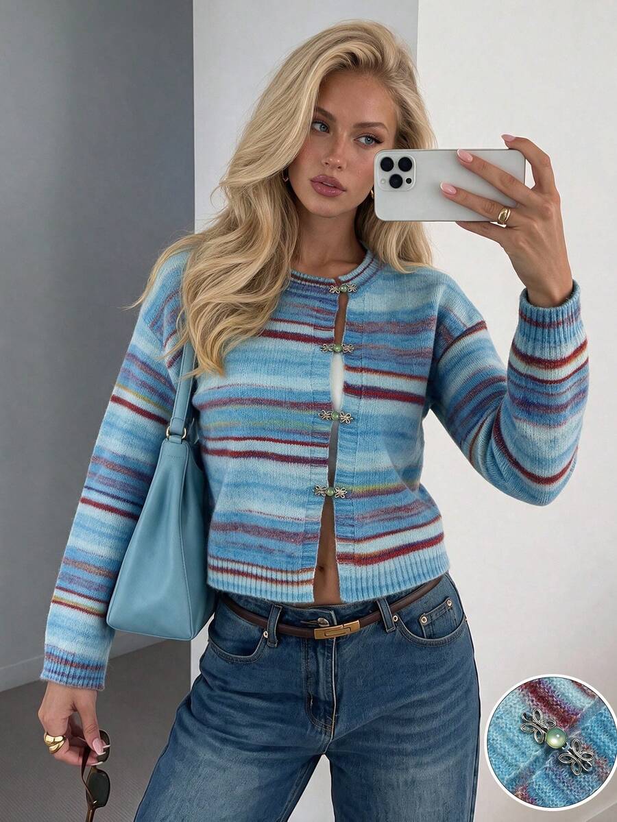 Aflion Women Fall Clothing Striped Cropped Knit Cardigan, Long Sleeve Frog Button Front Open Sweater For Thanksgiving Outfit - Multicolor - View 1