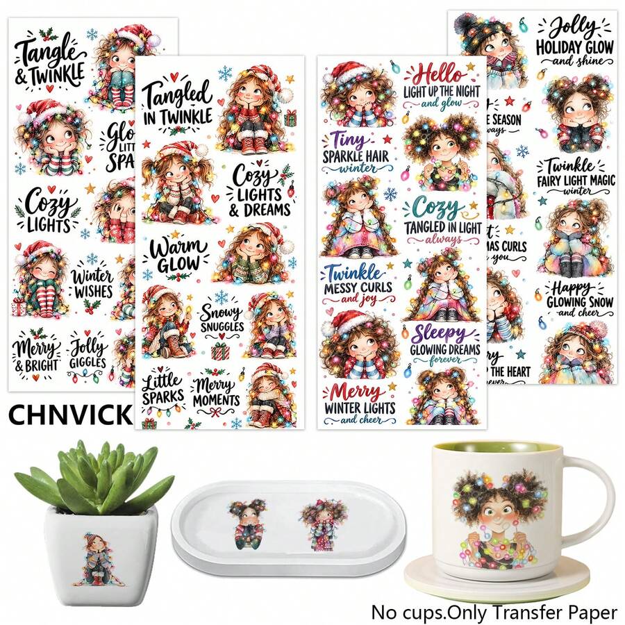 CHNVICK 4件組聖誕串燈UV DTF轉印貼紙,可用於馬克杯、日記本與計畫本的貼紙,陶瓷馬克杯、玻璃杯、電腦、計畫本的美學文具(僅含轉印紙) - 銀色 - 查看 1