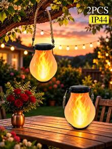 POSE UP 2/4PCS Solar Lantern Lights, IP44 Waterproof Rustic Glass Jar Hanging Lamps With Rope Handle, Flickering Flame LED Solar Garden Lights For Pathway, Camping, Backyard, Patio, Garden Decor, Holiday Seasonal & Outdoor Party Decoration - Glass Flame Jar - View 3