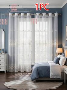 1pc White Geometric Floral Embroidered Sheer Curtain, Bohemian Style Polyester Rectangular Grommet Top Lace Border Light Filtering Window Drape For Bedroom Living Room Home Decor - White - View 9