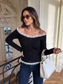 Early Autumn New Arrival Atmospheric Lace Patchwork Off-Shoulder Top, Exposed Shoulder Single-Breasted Elastic Fitted Short Knit Base Layer - Black - View 4