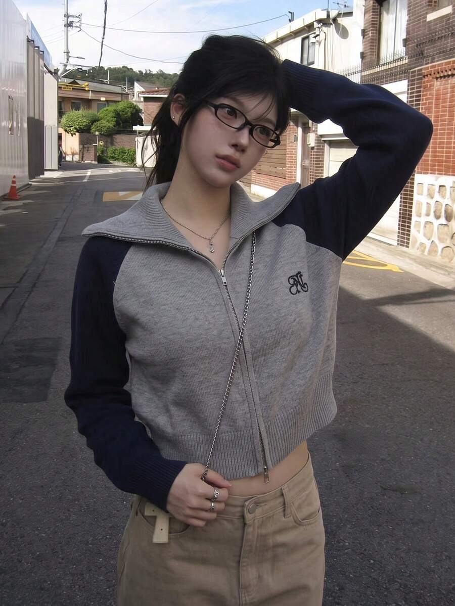 Women's Contrast Color Double Zipper Knit Cardigan, New Autumn/Winter Embroidered Raglan Sleeve Sweater Jacket Top - Grey - View 1