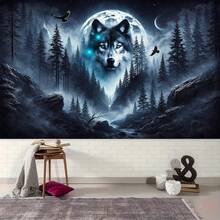 1pc 2D Flat Moonlight Mysterious Forest Wolf Tapestry - Horizontal Wolf Shape Wall Hanging, Suitable For Living Room, Bedroom, Office Decoration, Night Sky Pattern, Non-Glowing Printed Fabric, Suitable For Meditation Room And Party Decoration, 2D Flat Design - Multicolor - View 3
