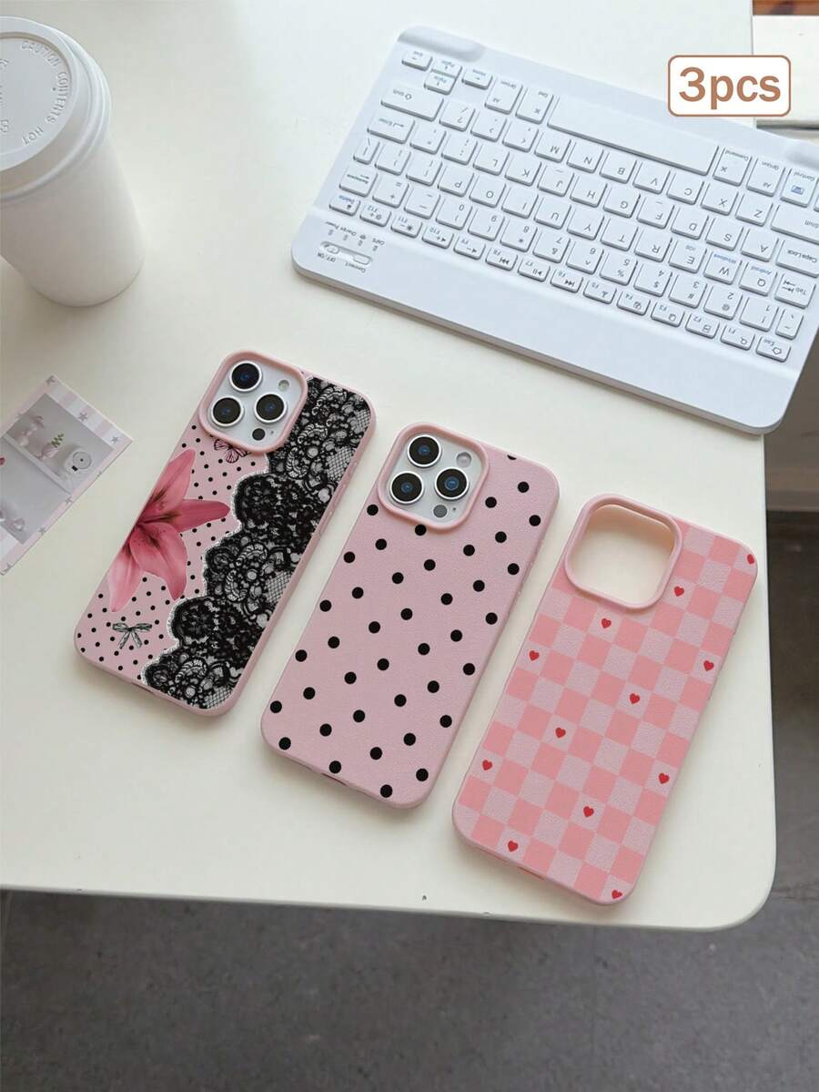 3件裝波點愛心條紋元素 TPU 防震全包覆精準保護手機殼,適用於 Apple 11/12/13/14/15/16/17 Pro Max - 彩色 - 查看 1