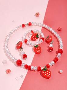 5pcs/Set Sweet Red Strawberry Pendant Faux Pearl Beaded Children's Jewelry Necklace Bracelet Ring Ear Clips Set For Daily Wear - one-size - View 1