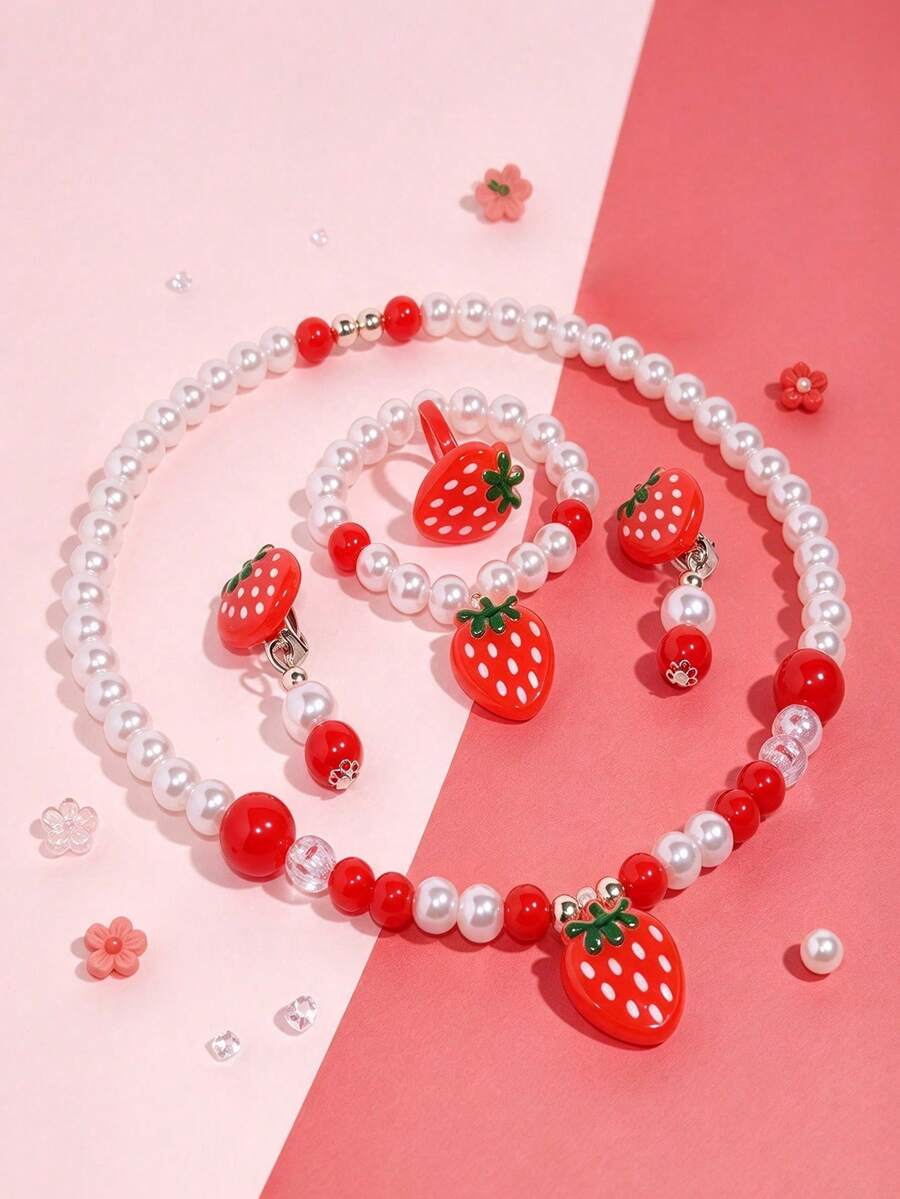 5pcs/Set Sweet Red Strawberry Pendant Faux Pearl Beaded Children's Jewelry Necklace Bracelet Ring Ear Clips Set For Daily Wear - one-size - View 1