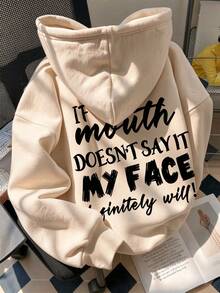 Women's Loose Pullover Sweatshirt With Handwritten Letter Print Front And Back, Long Sleeve Kangaroo Pocket Casual Sweatshirt - Apricot - View 1