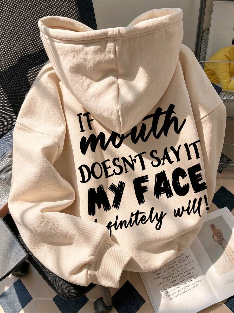 Women's Loose Pullover Sweatshirt With Handwritten Letter Print Front And Back, Long Sleeve Kangaroo Pocket Casual Sweatshirt - Apricot - View 1