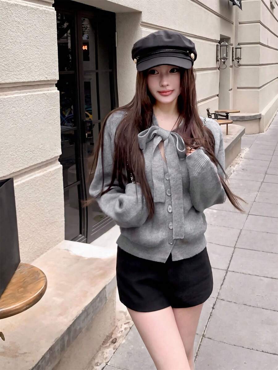 Unique Bowknot Gray Polka Dot Cardigan Sweater For Women, Can Be Worn Alone - Pure Gray - View 1