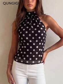 QUNGIGU Women Polka Dot Halter Top Backless Chiffon Shirts Casual Summer Apparel For Beach Vacation Daily Wear - Black and White - View 1