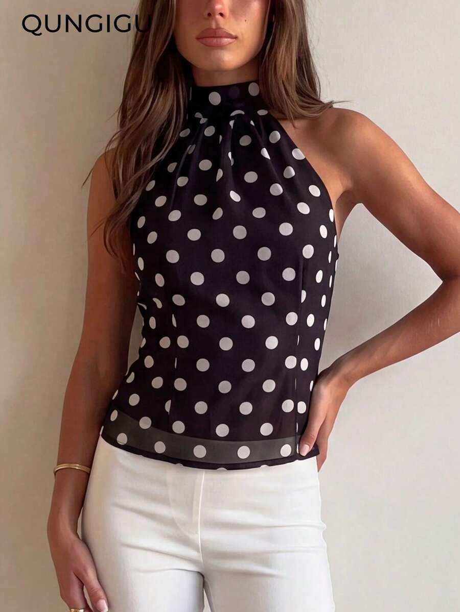QUNGIGU Women Polka Dot Halter Top Backless Chiffon Shirts Casual Summer Apparel For Beach Vacation Daily Wear - Black and White - View 1