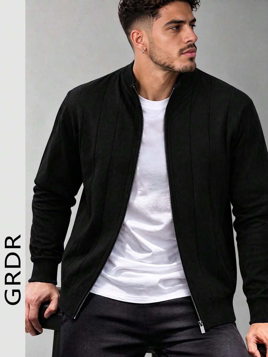 GRDR Men's Black Vertical Ribbed Stand Collar Full Zip Knit Cardigan, Slim Fit Long Sleeve Solid Color Sweater Jacket, Autumn/Winter - Black - View 1