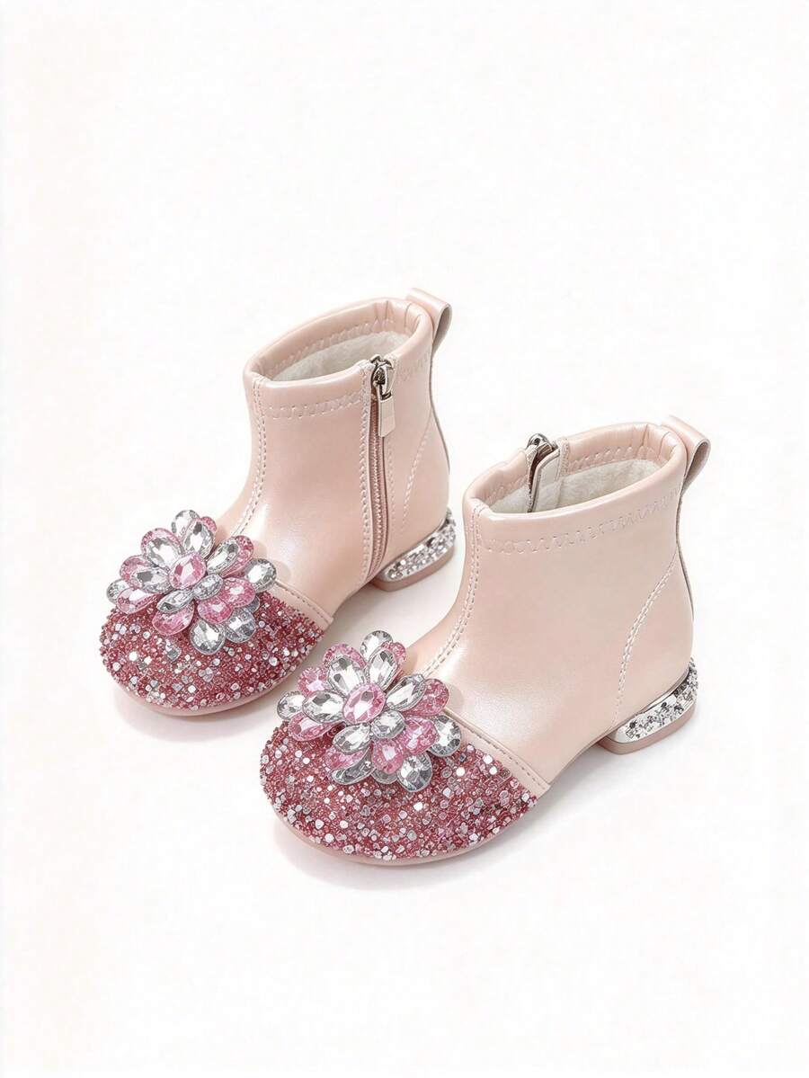 1 Pair Girls 3D Rhinestone Flower PU Fleece Lined Side Zip Round Toe Low Heel Princess Ankle Boots For Party Wedding Christmas - Pink - View 1
