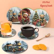 6pcs Christmas Vintage Teddy Bear Train Round Coasters, Winter Snow Scene Printed Wooden Non-Slip Heat-Resistant Coasters, Christmas Atmosphere Desktop Decoration, Desktop Heat-Resistant Mat Holiday Gift - Wooden Coaster LDX2977 - View 6
