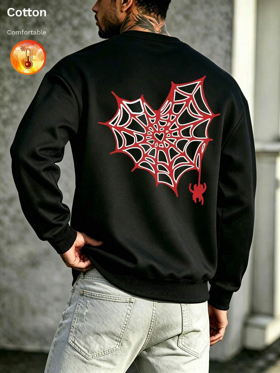 Men's Autumn/Winter Thermal Lined Crew Neck Loose Fit Sweatshirt, Decorated With Spider Web And Spider Pattern - Black - View 1