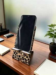 1 Pack Leopard Pattern Portable Wood Phone Stand, Adjustable Two Heights Cell Phone Holder, Multi-Function Desktop Decor & Storage Rack, Mobile Accessory, Christmas Halloween Party Supply, Gift For Friends - Multicolor - View 14