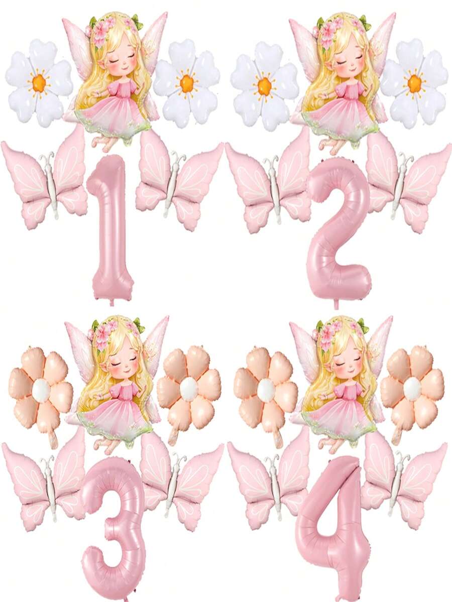 6pcs Pink Little Fairy Butterfly White Daisy Balloon Set With Butterfly ...