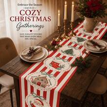 Christmas Table Runner, Santa Claus & Gingerbread Man Pattern, 13 X 72 Inch Christmas Decoration - Red Stripe - View 4