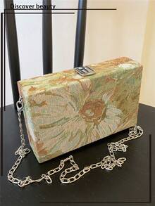 刺繡女款斜挎包，附金屬鏈條，小方盒肩背包，油畫花卉隨機圖案 - 綠色 - 查看 10