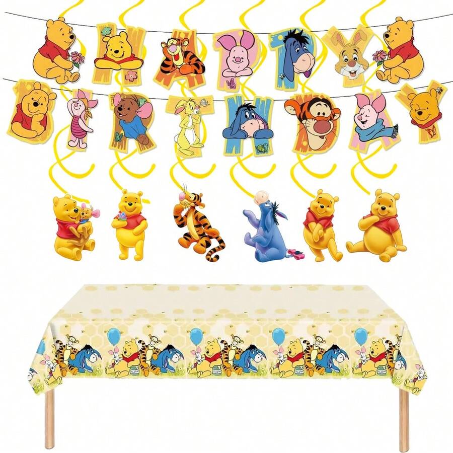 Disney Cartoon Winnie The Pooh Theme Birthday Party Decorations, Happy Birthday Party Banner, Party Tablecloth, Spiral Hanging Decorations, Birthday Scene Decor Supplies - Multicolor - View 1