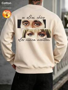 Men's Autumn/Winter Thermal Lined Crew Neck Loose Sweatshirt, Decorated With Eye Pattern And Text Print - Apricot - View 10