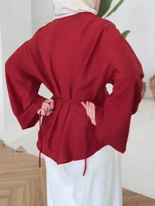 Women's Casual Daily Round Neck Long Sleeve Top, Solid Color With Back Tie And Front Button Closure - Red - View 3