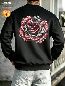 Men's Autumn/Winter Cotton Fleece-Lined Crew Neck Loose Fit Sweatshirt With Rose Print - Black - View 11