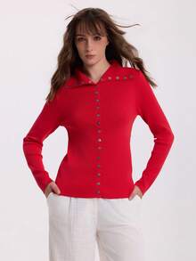 Women's Long Sleeve Lapel Button Knit Cardigan Sweater - Red - View 5