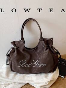 Solid Color PU Fabric Women's Casual Large Capacity Shoulder Tote Bag With Letter Embroidery, Tie Decoration, Double Handles And Zipper Closure, Suitable For Daily Shopping And Commuting - Coffee - View 1