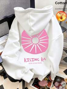Women's Hooded Sweatshirt, Autumn/Winter Thermal Lined Long Sleeve Loose Fit Sweatshirt, Decorated With Sunburst Pattern - White - View 2