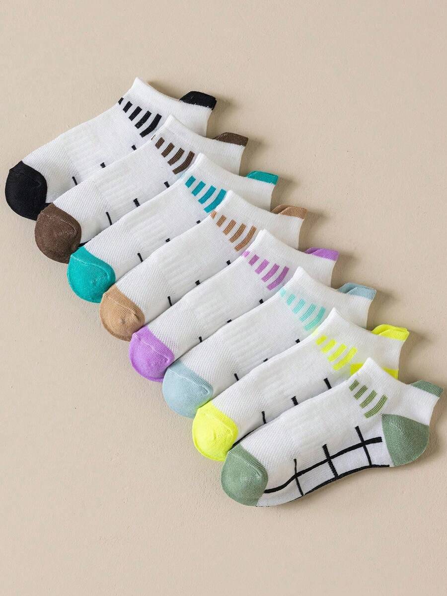 8 Pairs Women's Japanese Style Geometric Line Sports Socks, Low-Cut Short Socks, Comfortable Soft Versatile Student, Non-Slip Wear-Resistant Running Fitness Socks - Multicolor - View 1