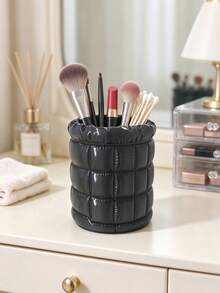 3D Printed Puff Grid Makeup Brush Holder, Faux Leather Wrapped Quilted Texture, Classic Black And White Color Scheme. Ruched Rim, Large Capacity Storage For Makeup Brushes And Eyebrow Pencils, Premium Quality, Creating An Elegant Vanity. - Multicolor - View 13