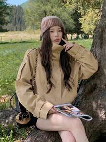 Áo khoác trench ngắn hai hàng cúc màu kaki cho nữ, phong cách mùa thu - Màu Khaki - Xem 4
