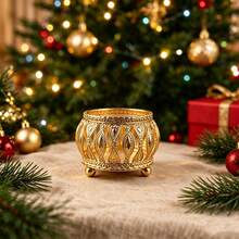 Vintage Golden Filigree Candle Holder, Hollow Metal Three-Legged Tealight Cup, European Style Tabletop Candle Holder For Wedding Dining Home Decor,Candles NOT Included - Gold 1pc - View 1