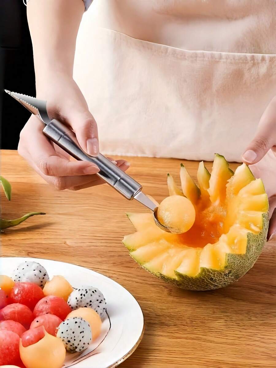 1pc Fruit Ball Scooper, 2-In-1 Fruit Spoon, Stainless Steel Fruit Carving Tool, Kitchen Gadget
