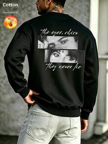 Men's Autumn/Winter Thermal Lined Crew Neck Loose Sweatshirt, Decorated With Eye Pattern And "The Eyes, Chico They Never Lie" Text - Black - View 1