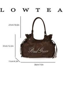 Solid Color PU Fabric Women's Casual Large Capacity Shoulder Tote Bag With Letter Embroidery, Tie Decoration, Double Handles And Zipper Closure, Suitable For Daily Shopping And Commuting - Coffee - View 2