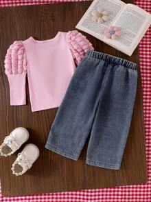 Baby Girl 2pcs Set Pink Ribbed 3D Bubble Long Sleeve T-Shirt + Bow Print Wide Leg Denim Pants, Infant Toddler Spring Autumn Fashion Outfit - Pink - View 4