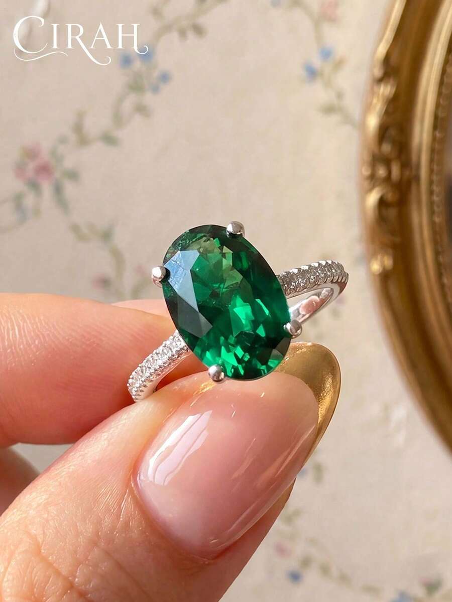 1pc Green Zirconia Ring Women's Jewelry Anniversary Birthday Gift - Silver - View 1