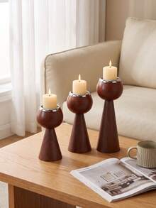 1Pc/1Set Wood Grain Metal Candle Holder Set, Modern Taper & Pillar Candle Holders, Decorative Candlestick Stand For Home Decor, Living Room, Dining Table, Centerpiece, Boho Decor, Farmhouse Decor, Wedding, Party, Holiday Gift - Vintage Design - View 2