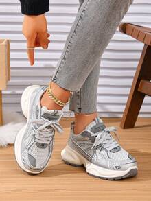 Sepatu Wanita Fashion Colorblock Kulit PU Bertali Nyaman Bernapas untuk Aktivitas Luar Ruangan Sepanjang Musim - Light Grey - View 13