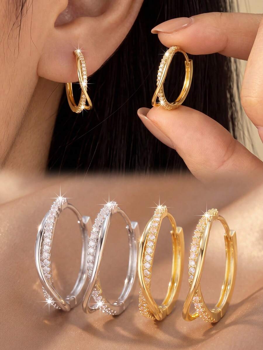 2pcs/Set Luxury Style Double Ring Intertwined Ear Cuffs Earrings, Women's Jewelry Suitable For Daily Commute, Date, Party Wear - Round - View 1