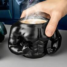 كوب رجل العضلات للياقة البدنية 350 مل – كوب قهوة سيراميك بتصميم عضلات بطن وذراعين منحوتة، هدية مضحكة لعشاق الجيم - الأسود - مشاهدة 2