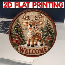 1pc 2D Flat Wooden Christmas Hanging Sign - Rustic Style Round Christmas Wall Decor, Decorated With Cute Reindeer, Snowy Christmas Tree, Gift Box, Snowflake And Light Patterns; Vintage Farmhouse Style Holiday Hanging Sign, Suitable For Front Door Decoration, Creating A Strong Holiday Atmosphere. - A - View 1